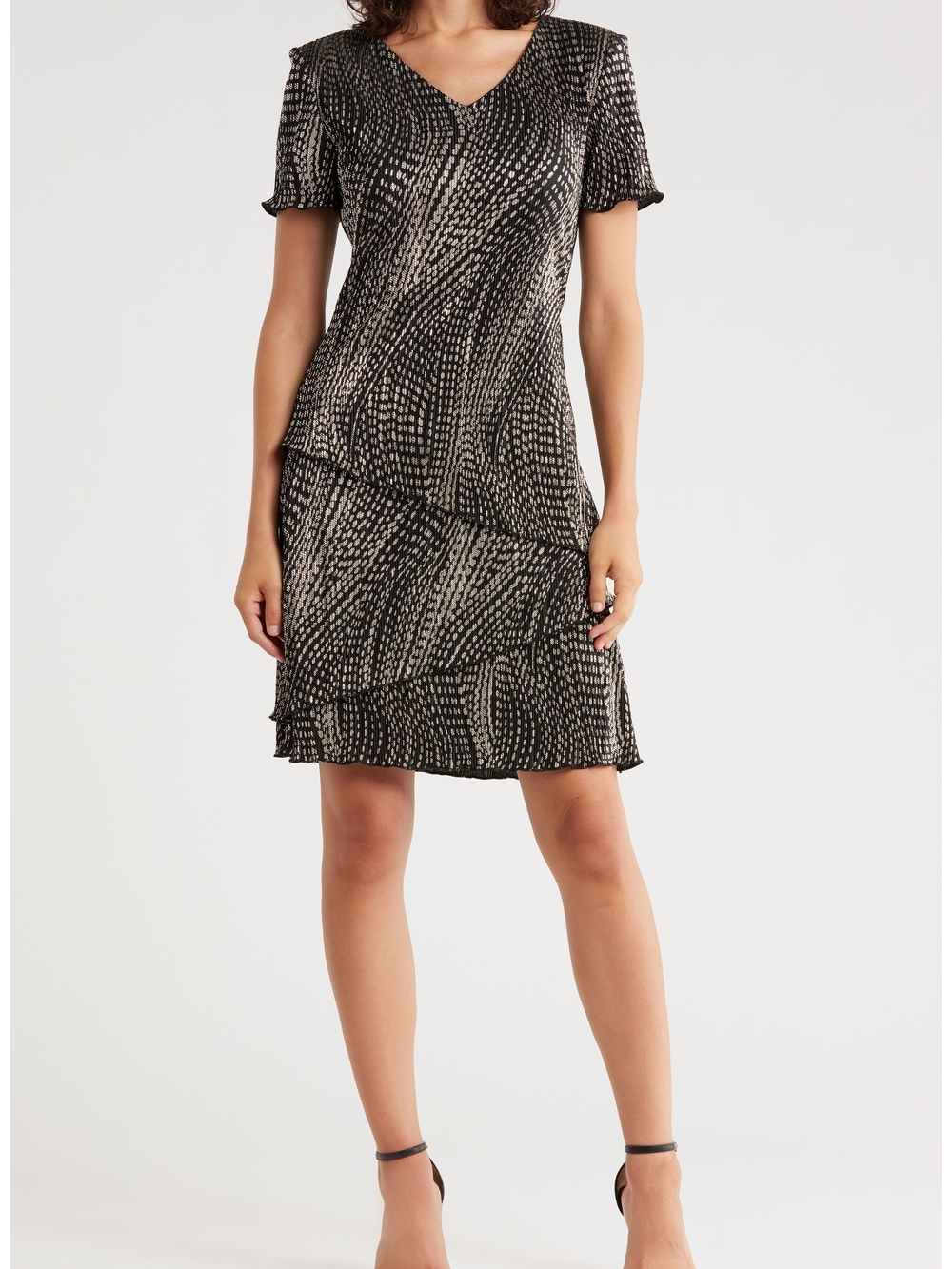NWT Connected Apparel V-Neck Short Sleeve Patterned Matalic Dress 8P